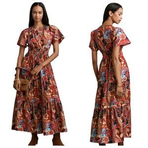 Anthropologie Somerset Maxi Dress Red Floral sz Large NWT Tiered Skirt, V-Neck
